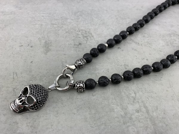 Halskette Rosenkranzkette aus Lavaperlen für Männer und Frauen mit Totenkopf Anhänger Nr.: K_077