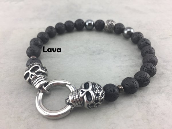 Armband aus Lava oder Onyxperlen mit Totenkopf für Herren oder Damen A_31