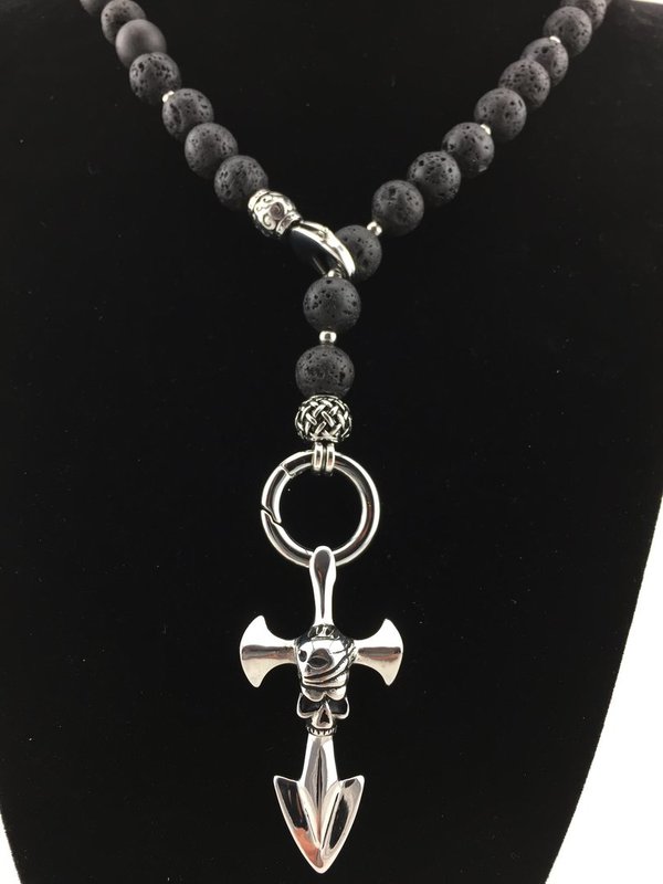 Halskette aus Lavaperlen für Herren, Bikerschmuck mit Totenkopf Anhänger Nr.: K_75