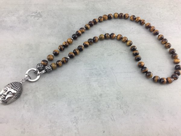 Halskette aus Tigerauge Perlen mit  Buddha Anhänger für Männer oder Frauen K_16