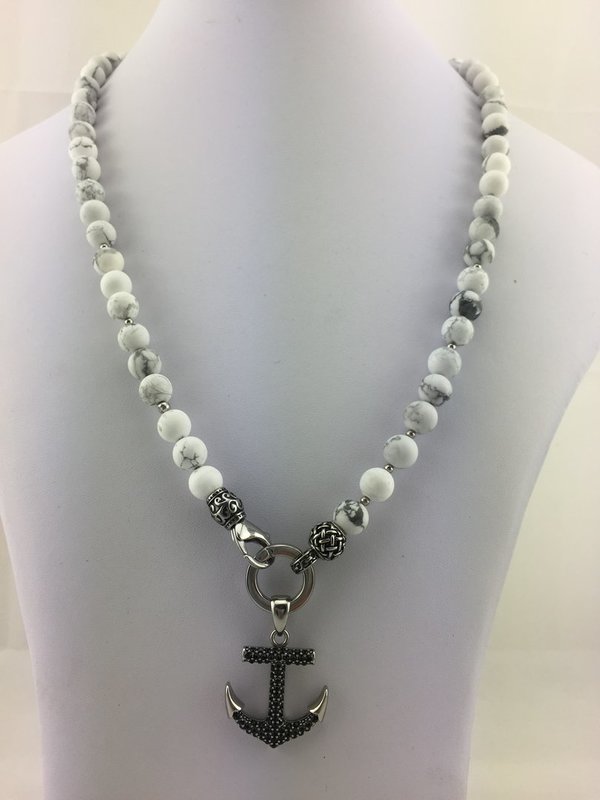 weiße Halskette Perlenkette für Damen mit Anhänger Lilie - aus Howlithperlen K_65