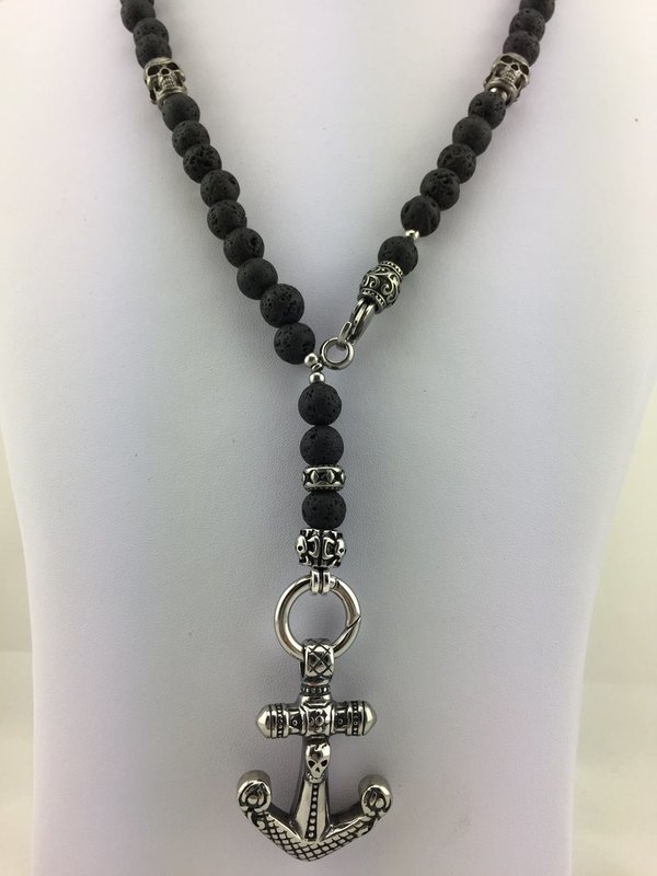 Halskette, y-Kette, Rosenkranzkette mit Totenkopf aus Lavaperlen black für Männer oder Frauen K_106