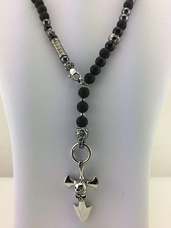 Rosenkranzkette aus Lavaperlen schwarz mit Totenkopfanhänger  für Herren und Damen Nr.:  R_014