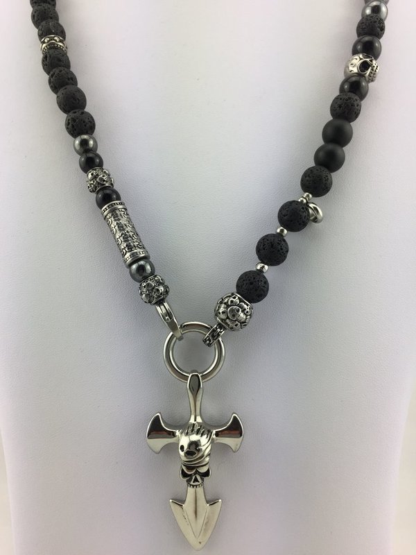 Rosenkranzkette aus Lavaperlen schwarz mit Totenkopfanhänger  für Herren und Damen Nr.:  R_014