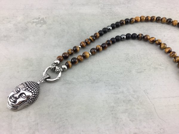 Halskette Perlenkette für Frauen Damen aus Tigerauge braun 8 oder 10 mm mit Budda Anhänger R_011