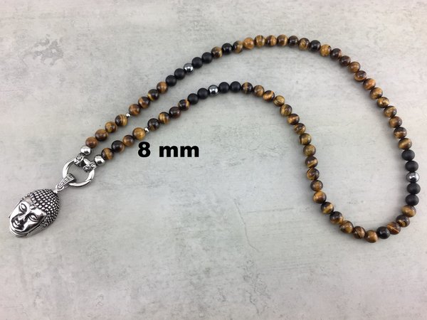 Halskette Perlenkette für Frauen Damen aus Tigerauge braun 8 oder 10 mm mit Budda Anhänger R_011