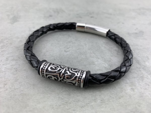 cooles Armband aus Leder schwarz für Herren und Damen- toller Edelstahlbeat LA_16