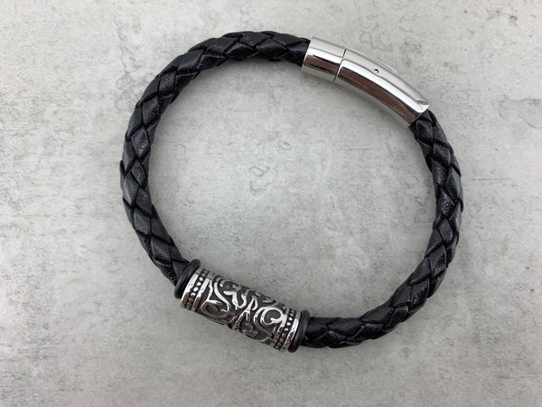 cooles Armband aus Leder schwarz für Herren und Damen- toller Edelstahlbeat LA_16
