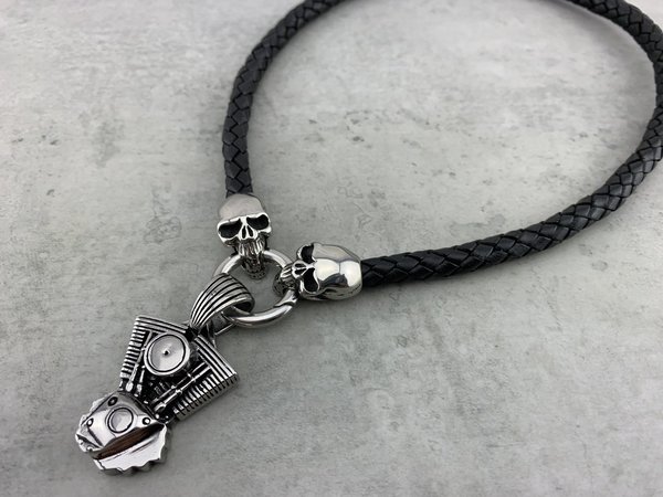 Lederschmuck, Halskette aus schwarzem Leder mit Totenkopf Nr. LK_12