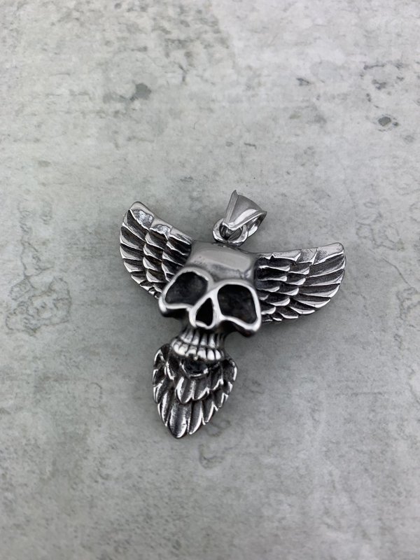 Anhänger für Halskette, Kettenanhänger, Skull Totenkopf mit Flügel aus Edelstahl H_58