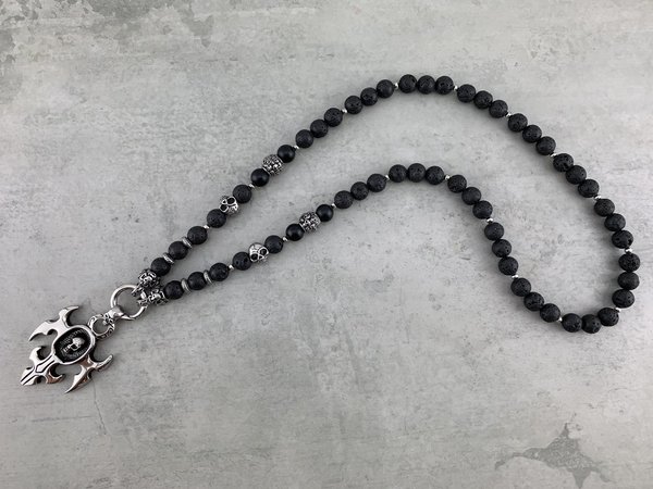 Halskette Perlenkette aus Lavasteinen für Herren und Damen- Bikerschmuck mit Totenkopf - K_109