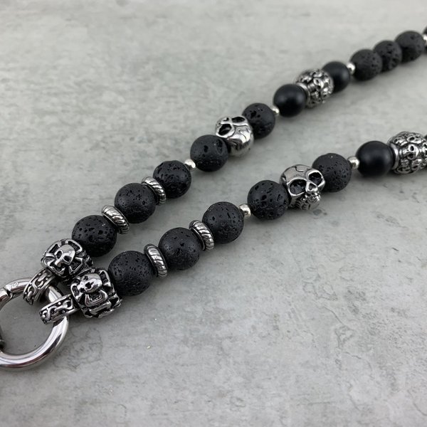 Halskette Perlenkette aus Lavasteinen für Herren und Damen- Bikerschmuck mit Totenkopf - K_109