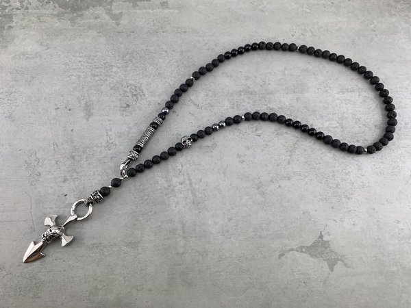Geschenkeset Halskette und Armband aus Lavaperlen mit Totenkopf K_097_Set