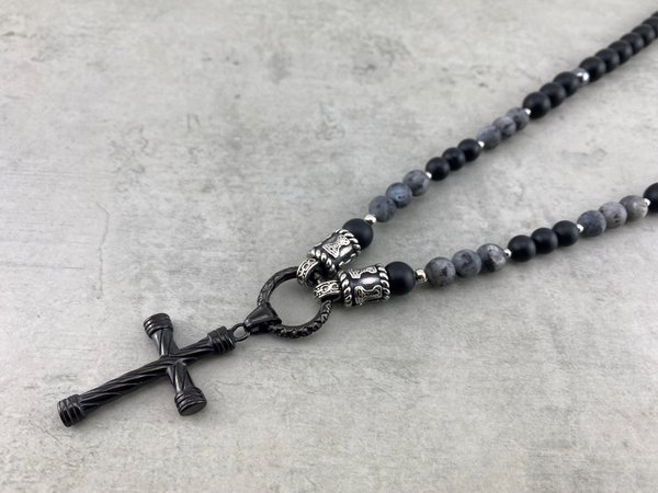 Halskette Perlenkette aus 10 mm Onyxperlen schwarz mit Kreuz Anhänger K_020