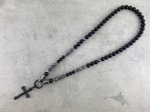 Halskette Perlenkette aus 10 mm Onyxperlen schwarz mit Kreuz Anhänger K_020