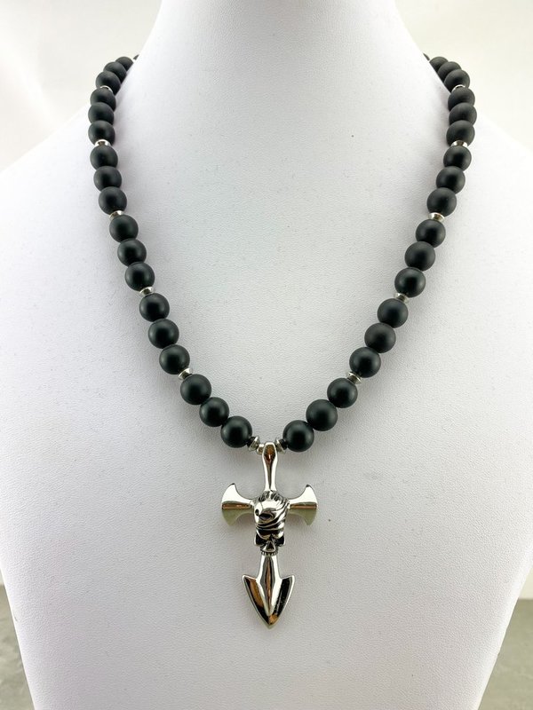 coole Halskette für Herren und Damen aus Onyxperlen mit Totenkopfanhänger Nr. K_62